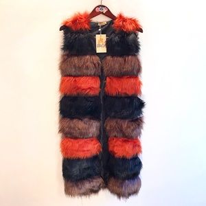 Long funky faux fur vest striped black red brown fluffy